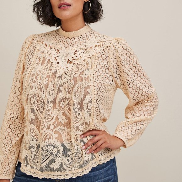 torrid Tops - Torrid - Mixed Lace High Neck Top in Beige